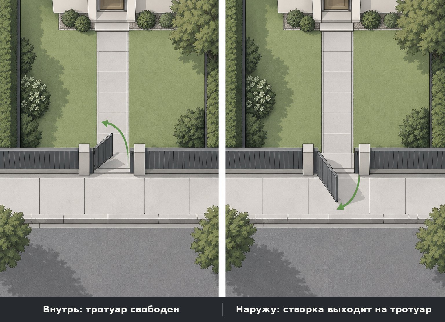 Вид сверху на вход на участок: слева калитка открывается внутрь, справа наружу и перекрывает тротуар